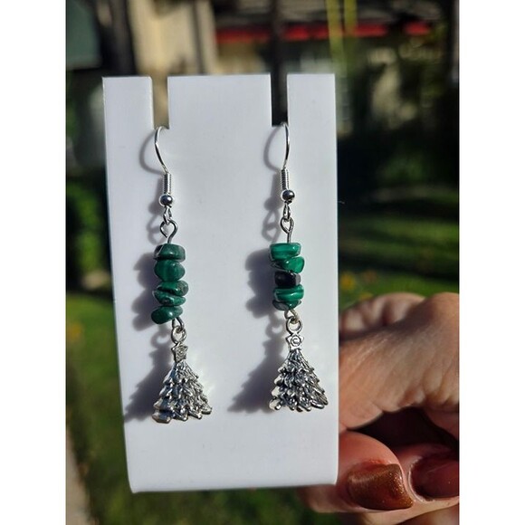 Malachite Chips Christmas Tree Charm Gemstone Festive Earrings - Picture 4 of 6